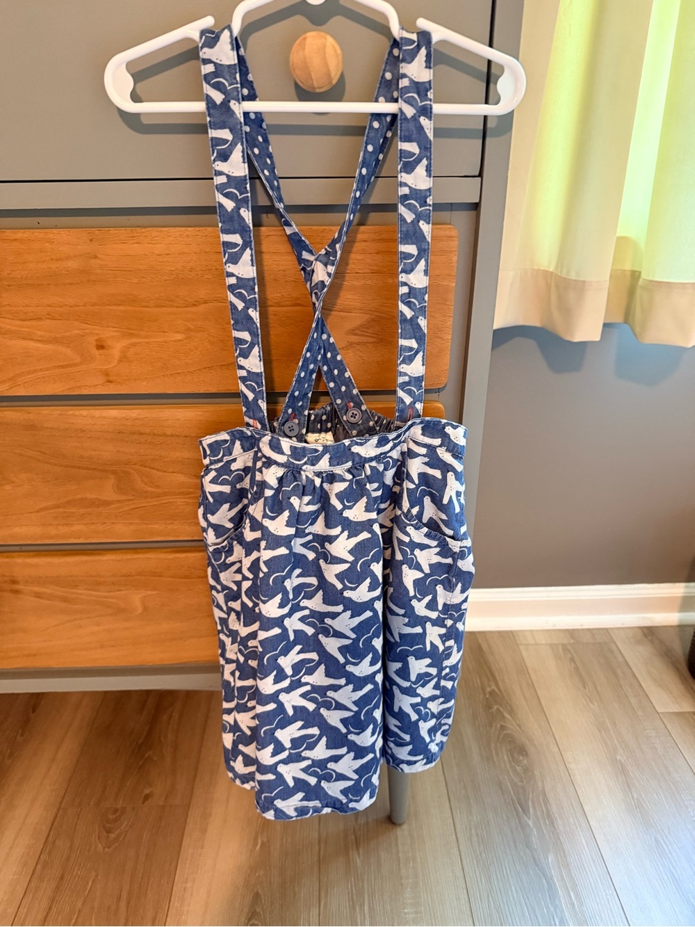 Mini Boden Blue and White Bird Print Suspender Skirt